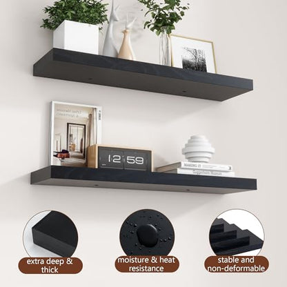 fuqing 30 Inch Floating Shelves, 6.7 Inch Deep Black Wall Shelves Set of 2 | 30'' x 6.7'' x 1.4'' Black Wood Shelves for Bathroom, Living Room, 40LBS, Lightweight, Hardware Included, Waterproof Finish - color: Black, size: 30 Inch