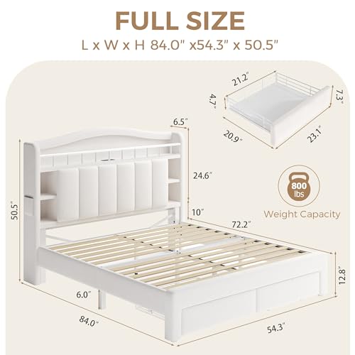 Full Size LED Bed Frame with Storage Headboard, Upholstered Velvet Wood Princess Bed for Girls with 5 Charging Ports (USB-C & AC), Hidden Compartment, Sturdy Aluminum Frame & 2 Silent Drawers Beige - color: Beige, size: Full