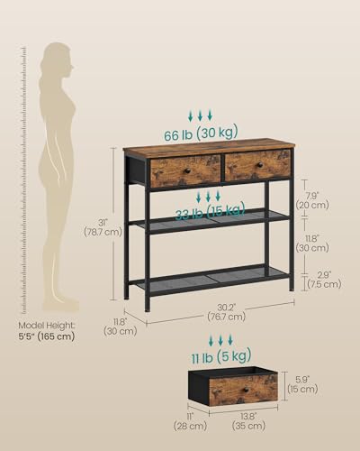 SONGMICS Console Table, Narrow Sofa Table with 2 Mesh Shelves | For Entryway, Living Room, 2 Fabric Drawers, Rustic Brown, BELLAH Collection ULGS075K101 - color: Rustic Brown, size: 11.8"D x 30.2"W x 31"H (2 Drawers)