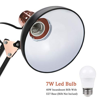 PowerKing Metal Swing Arm Desk Lamps with Base & Clamp, Black Rose Gold | Adjustable Architect Lamp, On Off Switch, Fits E26 E27 Bulbs, Eye-Caring Reading Light, for Home Office Work Study - color: Black Rose Gold