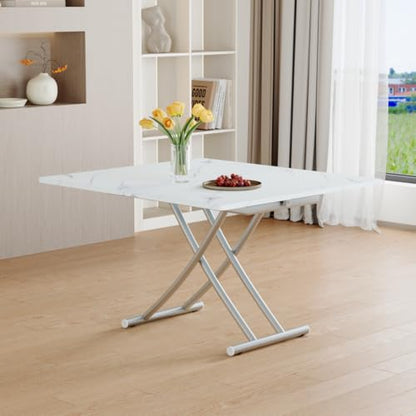 Liftable Folding Dining Table for 4, Adjustable Drop Leaf Table, Folding Coffee Table for Small Spaces, Scratch-Resistant Wood Top with Metal Frame for Apartment Kitchen Living Room - color: White-silver