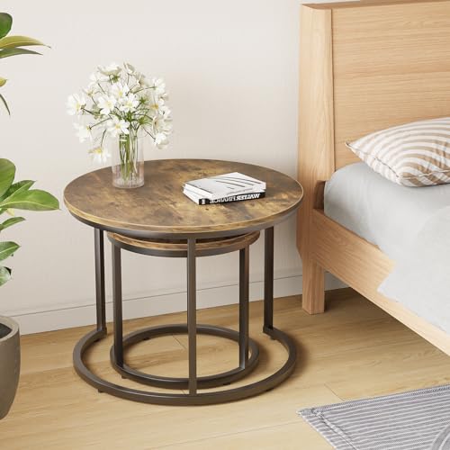 Smuxee Nesting Coffee Table Set of 2, 23.6" Round Coffee Table Rustic Wood Top with Adjustable Non-Slip Feet, Industrial End Table Side Tables for Living Room Bedroom Balcony Yard - color: Rustic Brown, size: 23.6"W