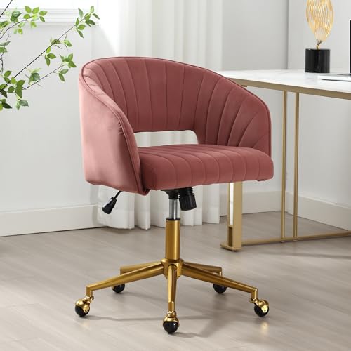 Desk Chair with Wheels, Gold Base, Velvet Accent Vanity Armchair, Rose Red | Spacious‌ Soft Seat, Swivel Height Adjustable, Rocking Function, Modern Stripe for Girls &Women Bedroom Makeup or Nail - color: Rose Red Velvet
