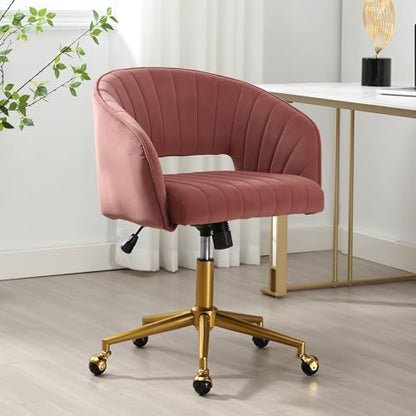 Desk Chair with Wheels, Gold Base, Velvet Accent Vanity Armchair, Rose Red | Spacious‌ Soft Seat, Swivel Height Adjustable, Rocking Function, Modern Stripe for Girls &Women Bedroom Makeup or Nail - color: Rose Red Velvet
