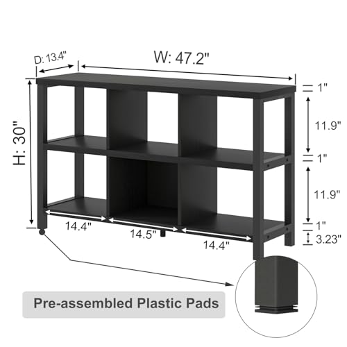Industrial 6 Cube Storage Organizer Bookshelf, Wood and Metal Cubby Bookcase, Horizontal Open Book Shelf for Bedroom Living Room, Black Oak, 47 Inch - color: Black