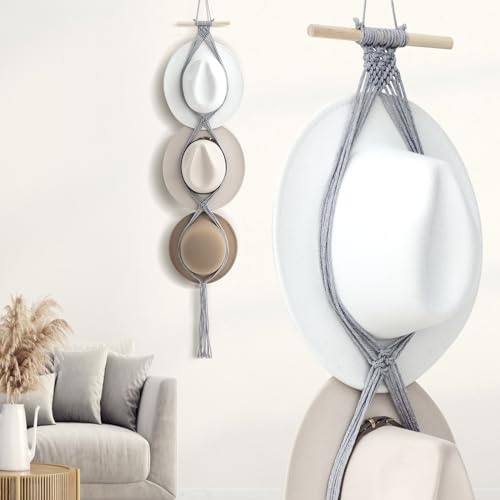Macrame Hat Hangers Racks Boho Cowboy Hats Holders Western Display Organizer Storage decor Back of Door for Wall(Gray,Three Hats Style) - color: Gray, style: Three Hats Style