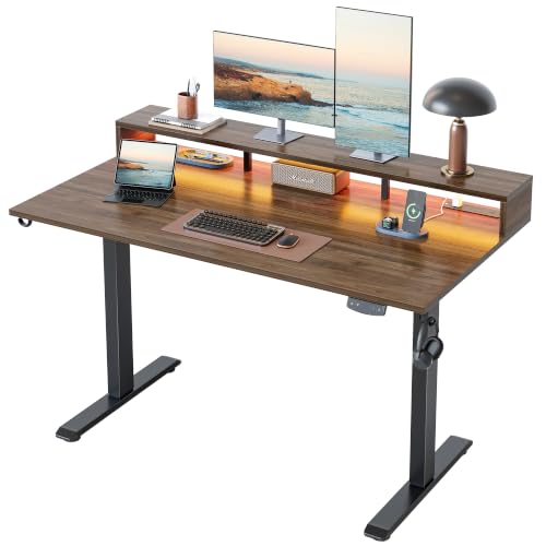 Klicelor Electric Standing Desk with Shelf, 55 Inch Height Adjustable Desk with Power Outlets & LED, Sit Stand Up Table with Monitor Stand, Computer Workstation for Home Office, Dark Walnut - color: Dark Walnut, size: 55 x 24 Inches with led and power str