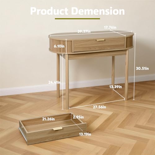 Fluted Small Computer Desk with Drawer, 40 Inch Mid-Century Modern Writing Desk with Solid Wood Legs,Compact Study Table for Small Spaces, Home Office, Bedroom,Walnut - color: Walnut