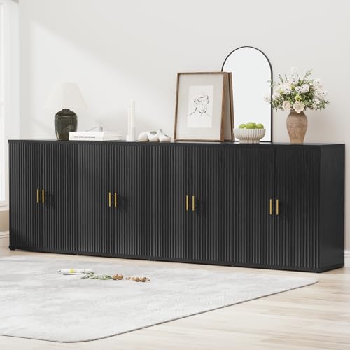 94.6" Black Fluted Sideboard Buffet Cabinet with Storage and 8 Doors, Mordern Credenza Storage Cabinet with Adjustable Shelves, Media Console Table, for Living Room Dinning Kitchen(2 PCS) - color: Black, size: 2 Pieces