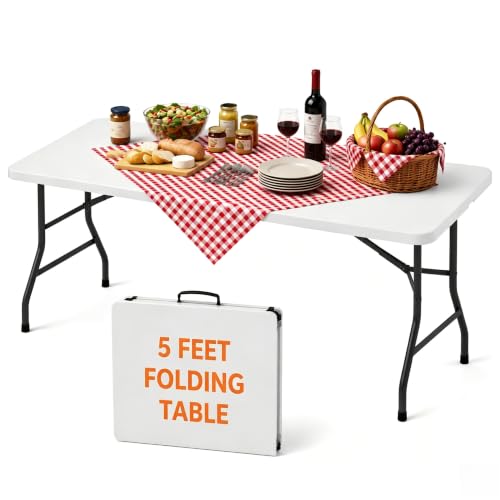 5 Foot Folding Table, Fold-in-Half Utility Table with Carrying Handle, 5FT Heavy Duty Portable Table for Party, Wedding, Picnic, Camping, Indoor & Outdoor, White - color: White, size: 5ft