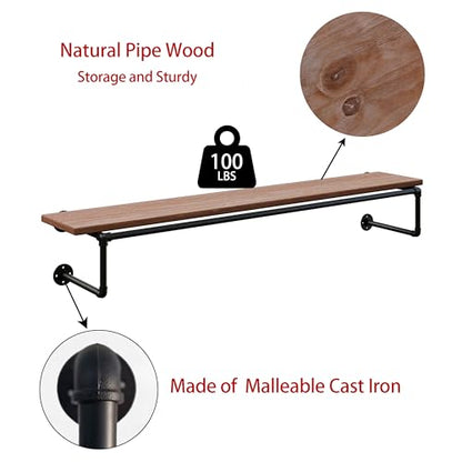 Clothes Rack 48in, Wall Mounted Garment Racks with Real Wood Shelf, Heavy Duty Hanging Clothes Rack, Multi-Purpose Hanging Rod, Space-Saving Closet Storage - color: Brown, size: 1T48IN