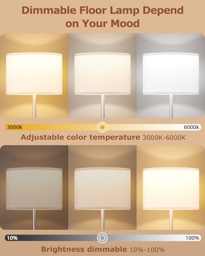 Dimmable Floor Lamp for Living Room with Remote, 9W 900LM LED Bulb Included, White Shade Silver Pole - color: silver & white