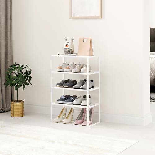 5-Tier Small Shoe Rack for Closet and Entryway, Narrow Shoe Shelf Organizer,Stackble Shoe Stand,Non-Woven Fabric Metal Free Standing Shoe Racks (White, 18" W x 9.9" D x 28.6" H) - color: White