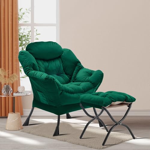 Youtanic Lazy Chair with Folding Ottoman, Accent Chair Velvet Upholstered with Metal Structure and Non-Slip Pads, Sofa Armchair with Footrest and Side Storage Bag for Dorm, Room, Office, Green - color: Green