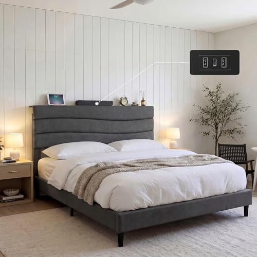 EnHomee Queen Size Bed Frame with Upholstered Headboard & Charging Station | Adjustable height, Wave design, 2 USB & 1 Type-C ports, Under-bed storage, Noise-free, No box spring needed, Grey - color: Grey, size: Queen