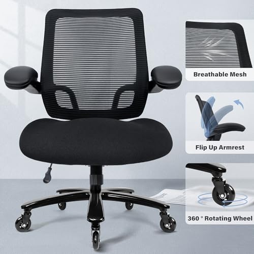 Kassipo Big and Tall Office Chair with Flip-Up Armrests, Black | 500LBS Capacity, Spring-Reinforced Memory Foam Seat & Heavy-Duty Base - color: Black