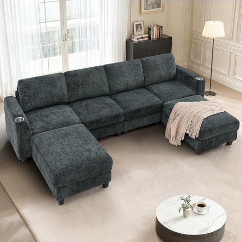110" Convertible U-Shape Couch with 2 Flexible Ottomans, Grey | Soft Sectional Sofa with Durable Cup Holders, Chenille 4 Seater Sofa with Well-Filled Backrest for Living Room, House - color: Grey, size: 110" U-Shape