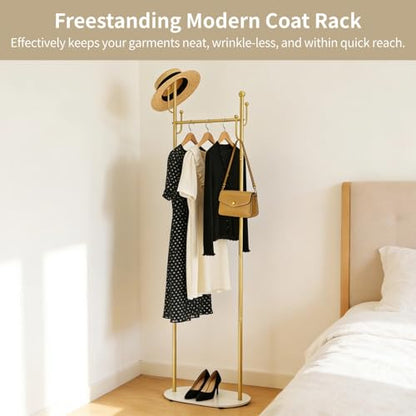Gold Freestanding Coat Rack with Marble Base, Modern Metal Clothes Stand with Side Hooks, Slim Garment Organizer for Entryway, Bedroom, Hallway Corner Storage
