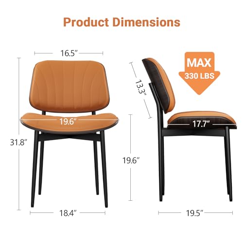 YaFiti Mid Century Dining Chairs Set of 2 with Walnut Bentwood, Orange | Ergonomic Walnut Backrest, Upholstered Waterproof PU Leather Seat, Stable Metal Legs, Adjustable Footpads, Apartment Friendly - color: Orange Scallop