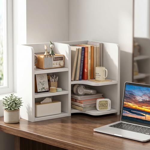 Desk Shelf,Small Bookshelf,Wooden Desk Hutch Desk Organizers,White Desktop Bookshelf and Accessories Storage Display Rack in Home Office Dorm,Freestanding Desk Shelf