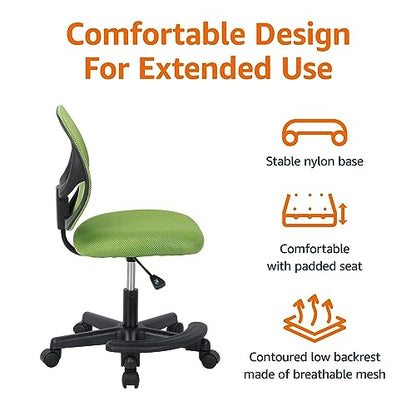 Amazon Basics Kids Adjustable Height Mesh Low-Back Swivel Desk Chair with Footrest, Rolling Computer Chair for Student Homework, Green - color: Green
