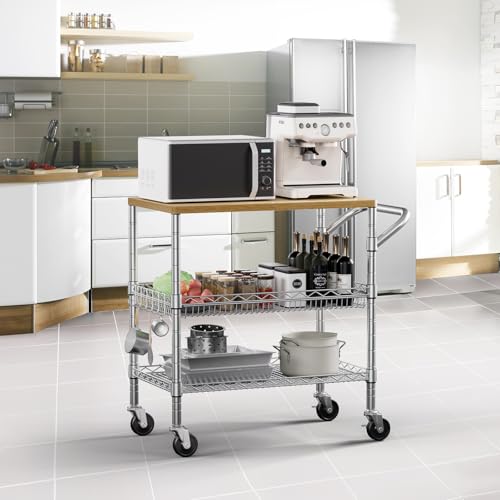 3 Tier Rolling Kitchen Carts on Wheels with Storage,650Lbs Heavy Duty Utility Carts with Wheels,Kitchen Island with Wood Tabletop,Metal Serving Rolling Cart for Small Appliance Food Cart,Wood+Metal - color: Wood+chrome