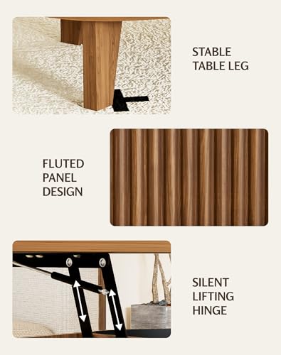 Oval Lift Top Coffee Table with Storage, 41" Wood Fluted Modern Living Room Center Table for Home Office, Walnut - color: Walnut