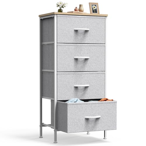DUMOS Nightstand, Bedside Table with 4 Fabric Drawers | Night Stand with Removable Bins, Steel Frame Wood Top, Small Dresser Organizer Furniture for Bedroom Closet, Light Gray - color: Light Gray, size: 11.8"D x 17.7"W x 37.4"H (4 Drawers)