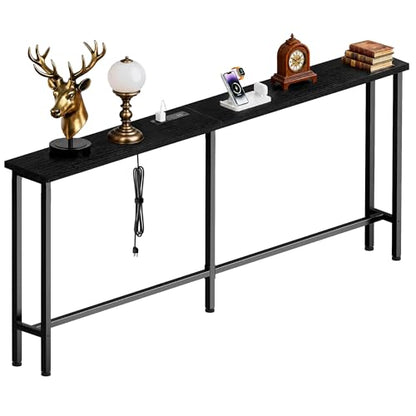 GRLEAF 90 Inch Narrow Sofa Table with Power Outlet, Extra Long Console Table Behind Couch Table with Charging Station, Skinny Entryway Table Thin Table for Living Room, Narrow Spaces (Black) - color: Black, size: 90IN