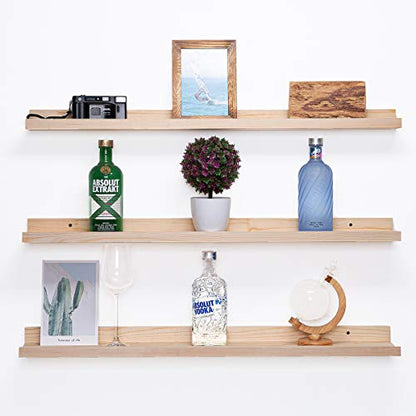 AZSKY 36 Inch Picture Ledge Shelf Solid Wood Large Floating Shelves Wall Mounted Rustic Natural Shelves for Home, Living Room, Bedroom, Bathroom, Office 3 Same Sizes - color: Natural, size: 36in set 3