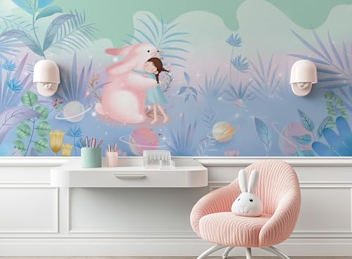 ASJ Kids Nursery Peel and Stick Wallpaper Mural, Girl Bunny Planet Pink | Seamless edge-to-edge match. Space botanical dreamy artwork, 98x62 in, premium fabric, girls bedroom playroom. - color: Soft Pink, size: 98" x 62"