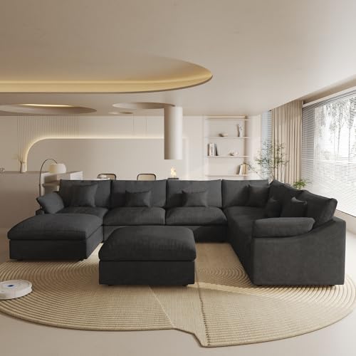 Cloud Couch Modular Sectional Sofa,160" U Shaped Couch, Convertible Wide Seater with Ottoman, 8 Seater for Living Room Set,Covers Washable&Replaceable,Black - color: Black, size: 8 Seater