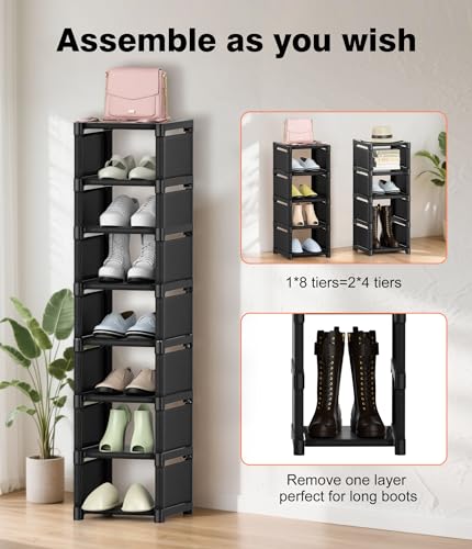 Space-Saving 8-Tier Vertical Shoe Rack, Stackable Narrow Shoe Organizer with Dustproof Fabric Shelves, Sturdy Metal Frame Storage for Entryway Closet Dorm Apartment Small Spaces - size: 8-Tier