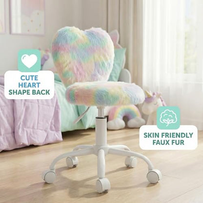 chairus Kids Desk Chair Faux Fur Small Study Chair for Teenage Girls, Adjustable Heart Shaped Kids Vanity Chair for Bedroom Reading Living Room, Cute Student Task Chair with White Foot, Macaron - color: Macaron