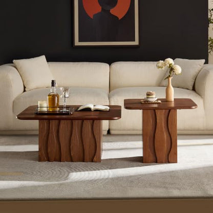 Nesting Coffee Table Set of 2 with Wavy Fluted Base, Brown | 31.5" & 21.65", 2PCS Center Tables, Square Tea Table, Easy to Assemble, Mid-Century Modern, for Living Room Office - color: 31.5" & 21.65" - Brown
