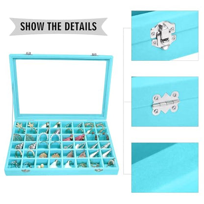 Siveit Velvet Jewelry Tray 48 Grid Jewelry Display Tray Organizer Box with Transparent Lid Rings Earrings Necklaces Pendants Display Box Suitable for Women and Girls (Light Blue) - color: Light Blue