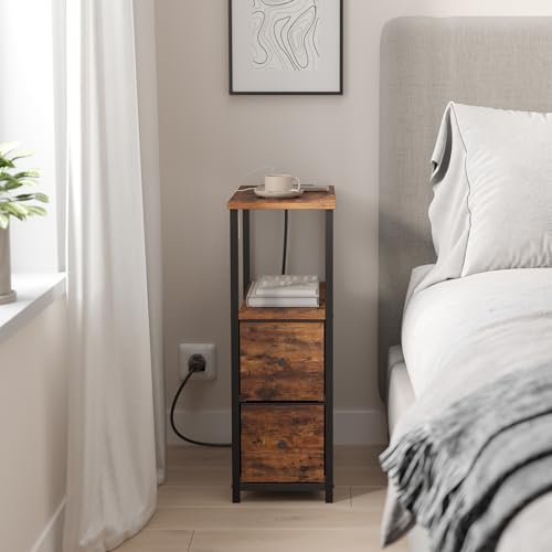 TUTOTAK Narrow End Table with Charging Station, Skinny Side Table | Bedside Table with Outlets, Nightstand with 2 Cloth Drawers, Couch Table for Living Room, Bedroom, Brown TB01BB055 - color: Brown, style: 2 Drawers & Plug