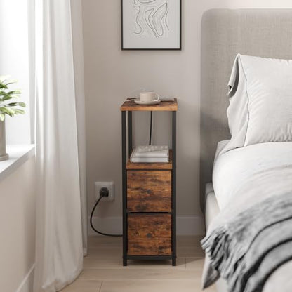 TUTOTAK Narrow End Table with Charging Station, Skinny Side Table | Bedside Table with Outlets, Nightstand with 2 Cloth Drawers, Couch Table for Living Room, Bedroom, Brown TB01BB055 - color: Brown, style: 2 Drawers & Plug