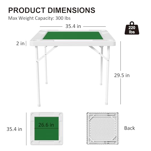 35.4" Square Folding Card Table, Mahjong Table with Green Felt，Chip Trays and Cup Holders, Portable Domino Tables for 4 Players, Card Game Tables for Mahjong Poker Domino Game - color: White