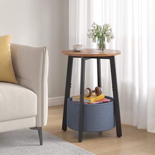 sthmec Small Round Side End Table with Storage Basket, Round Bedside Sofa Couch Coffee Tables for Small Places with Metal Frame, Modern Nighstands for Living Room Bedroom, Rustic Brown - color: Rustic Brown