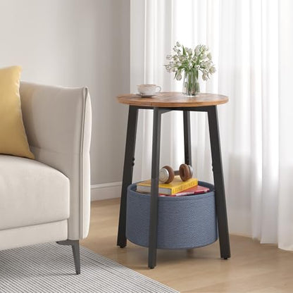 sthmec Small Round Side End Table with Storage Basket, Round Bedside Sofa Couch Coffee Tables for Small Places with Metal Frame, Modern Nighstands for Living Room Bedroom, Rustic Brown - color: Rustic Brown