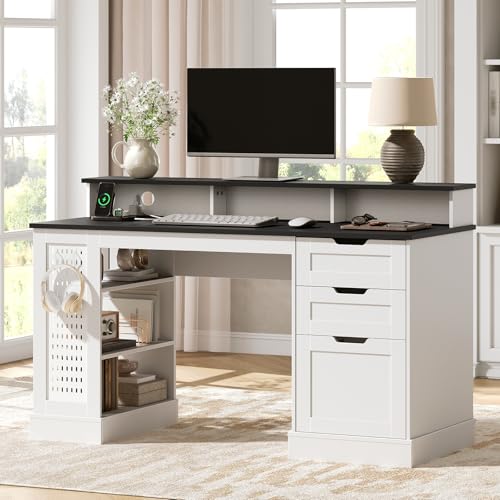 55-Inch Farmhouse Executive Desk with 2 Drawers and File Cabinet, Computer Desk with 3-Tier Storage Shelves, Home Office Desk with Charging Station, Pegboard and Monitor Shelf, White and Black - color: White and Black
