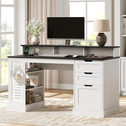 55-Inch Farmhouse Executive Desk with 2 Drawers and File Cabinet, Computer Desk with 3-Tier Storage Shelves, Home Office Desk with Charging Station, Pegboard and Monitor Shelf, White and Black - color: White and Black