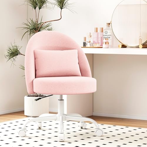 Misolant Vanity Chair with Back, Armless Cute Office Chair with Wheels for Girls, Teddy Fleece Fabric Small Desk Chairs with Adjustable Height, Lumbar Support Pillow, 360°Swivel for Makeup Room, Pink - color: Pink