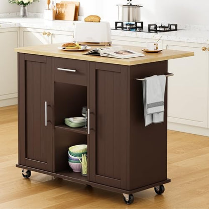 Shintenchi Kitchen Island with Storage, Bar Cart Cabinet Island Table on Wheels, Rolling Microwave Cart for Kitchen with Drop Leaf, Drawers, Towel Rack, Seating Area for Dining Room, Brown - color: Brown-42 Inch