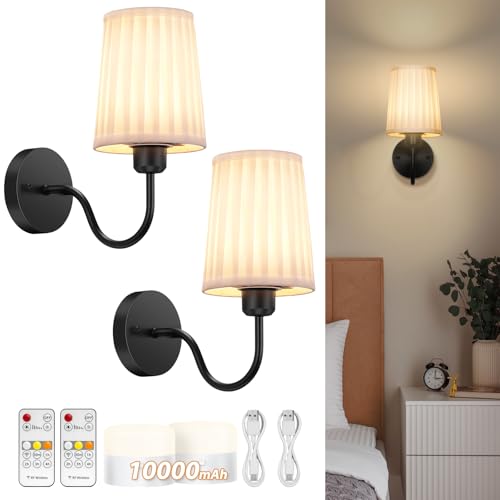 Battery Operated Wall Sconce Set of 2, Rechargeable Wall Sconces with 10000mAh Dimming Magnetic Bulb, Wireless Battery Powered Wall Lights with Pleated for Bedroom Living Room Gallery Hallway,Black - color: Black-White