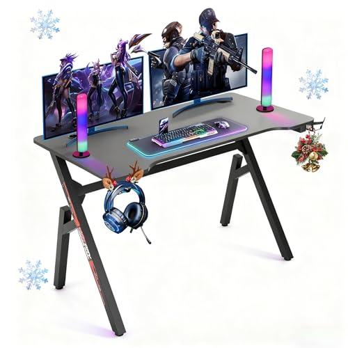 BLKMTY 47 Inch Gaming Desk R-Shaped Computer Desk with Headphone Hook and Cup Holder, Modern Gamer Desks Table for Home Office Dorm Sturdy Writing Workstation, Carbon Fiber Black, Red - color: Red, size: 47.2" R-shaped