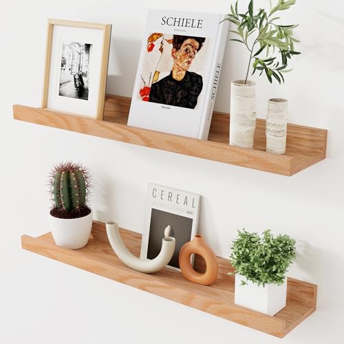 Oak Picture Ledge Shelf, 24 Inch Floating Shelves Set of 2, Solid Oak Wood Wall Shelves with Lip, Wall Decor Storage for Bedroom Living Room Bathroom Kitchen Nursery Photo Picture, Natural Oak - color: Nature, size: 24inch