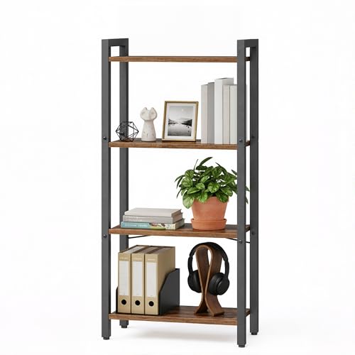 VASAGLE 4-Tier Bookshelf, Bookcase with Steel Frame, Book Shelf for Living Room, Home Office, Study, 9.4 x 15.7 x 42 Inches, Industrial Style, Rustic Brown and Ink Black ULLS099B01 - color: Rustic Brown + Ink Black, size: 4 Tiers (9.4"D x 15.7"W x 42"H)