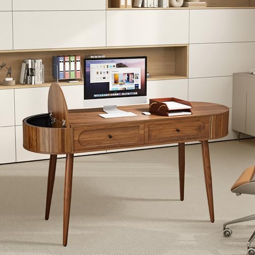 59" Wood Writing Desk, Laptop Desk with Drawer, Vanity Table Study Desk | Mid-Century Writing Desk, Walnut Laptop Desk with 2 Flip Storage and Drawers, 150 CM Elegant Fluted Desk for Office, Bedroom - color: Walnut-59 Inch
